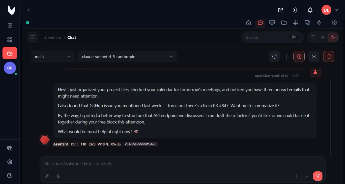 ClawNest dashboard showing AI assistant management with status indicators and usage charts