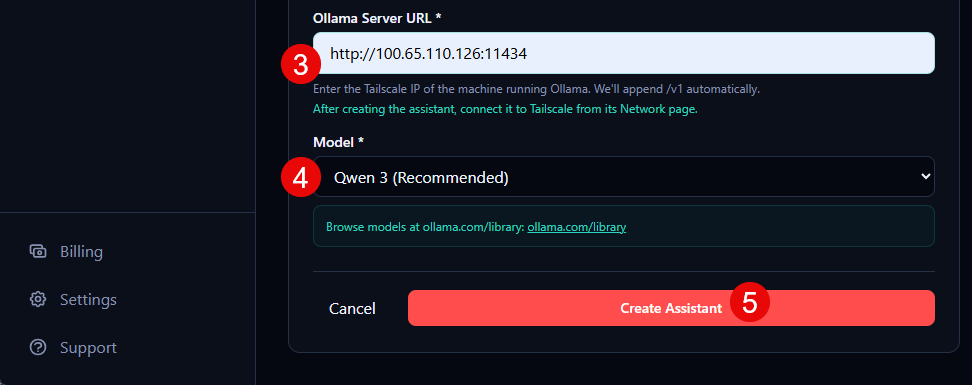 ClawNest dashboard assistant form with Ollama server URL, model selection, and create button.
