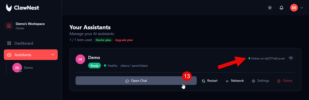 ClawNest dashboard showing assistant online on the tailnet with Open Chat button.
