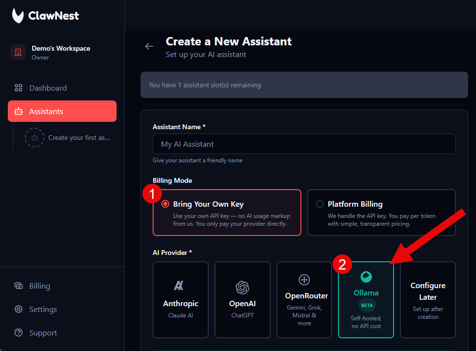 ClawNest dashboard assistant form with BYOK billing and Ollama provider selected.
