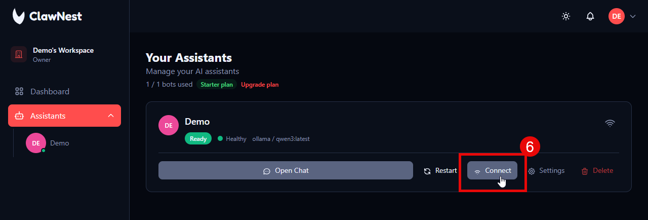 ClawNest dashboard assistant card with the Connect button highlighted.