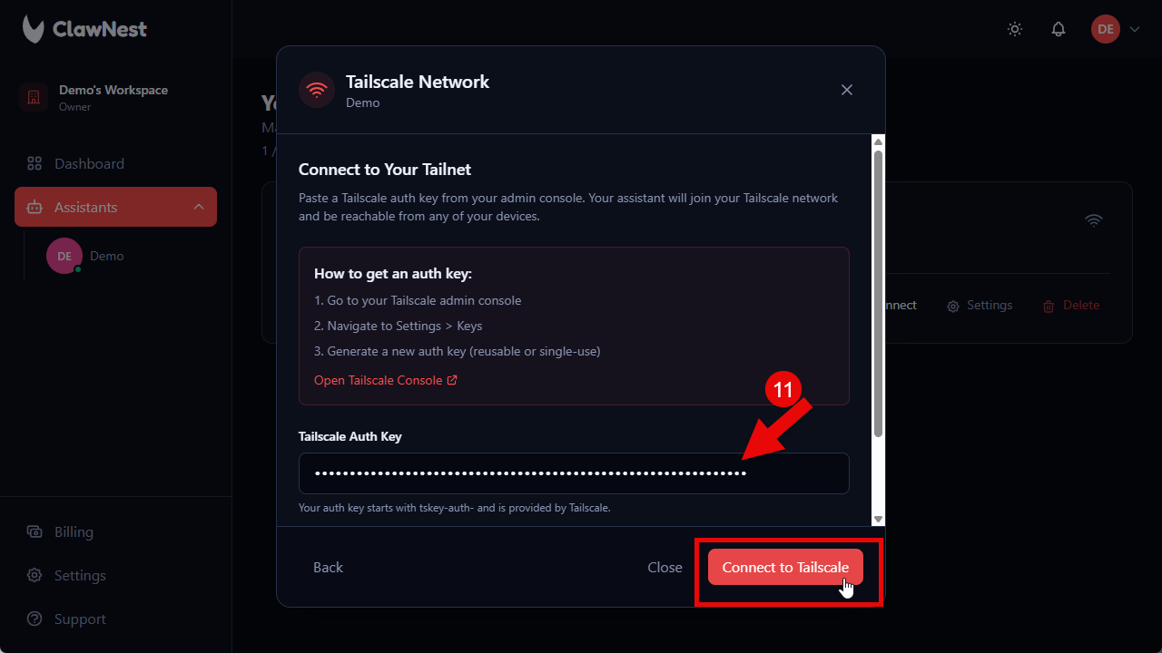ClawNest dialog with the auth key pasted and Connect to Tailscale button.