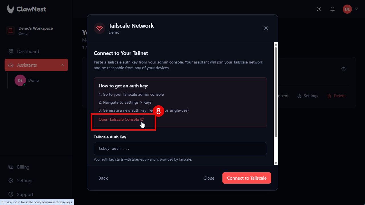 Connect to Your Tailnet dialog showing instructions and Open Tailscale Console link.