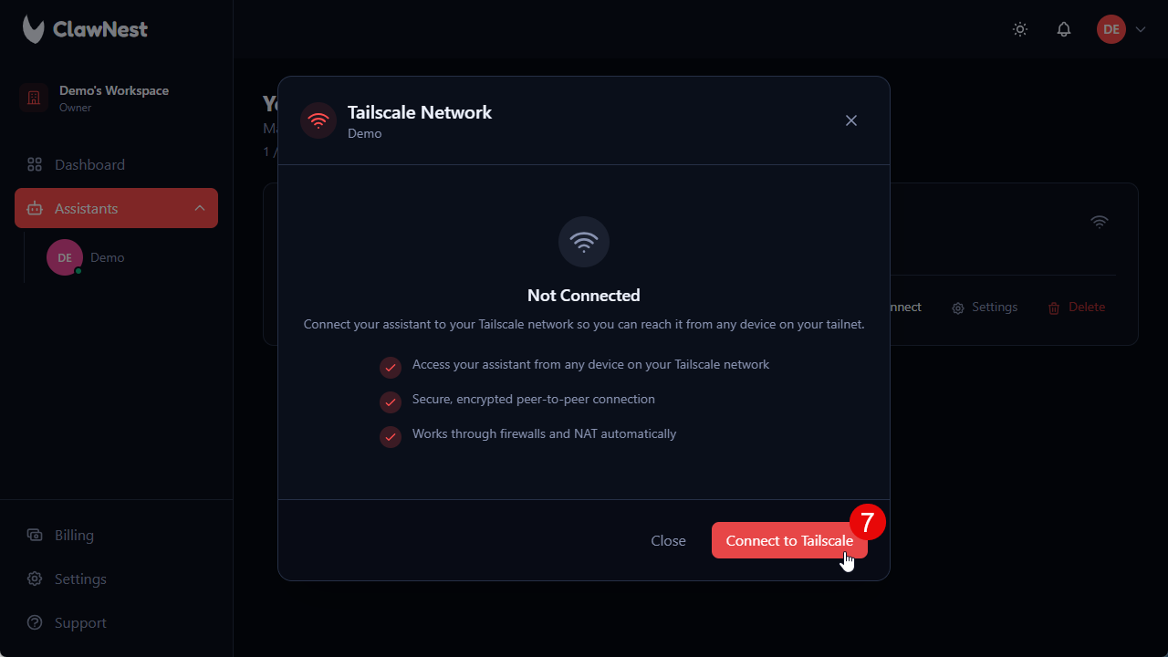 Tailscale Network dialog showing Not Connected status with Connect to Tailscale button.