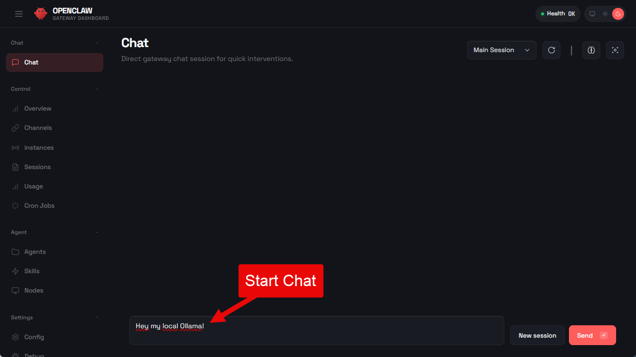 OpenClaw Gateway chat interface ready to send a message to the local Ollama model.
