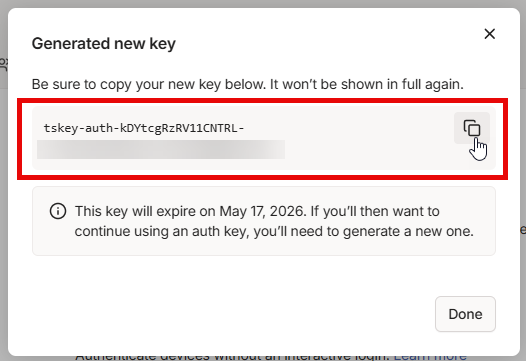 Tailscale dialog showing the generated auth key ready to copy.