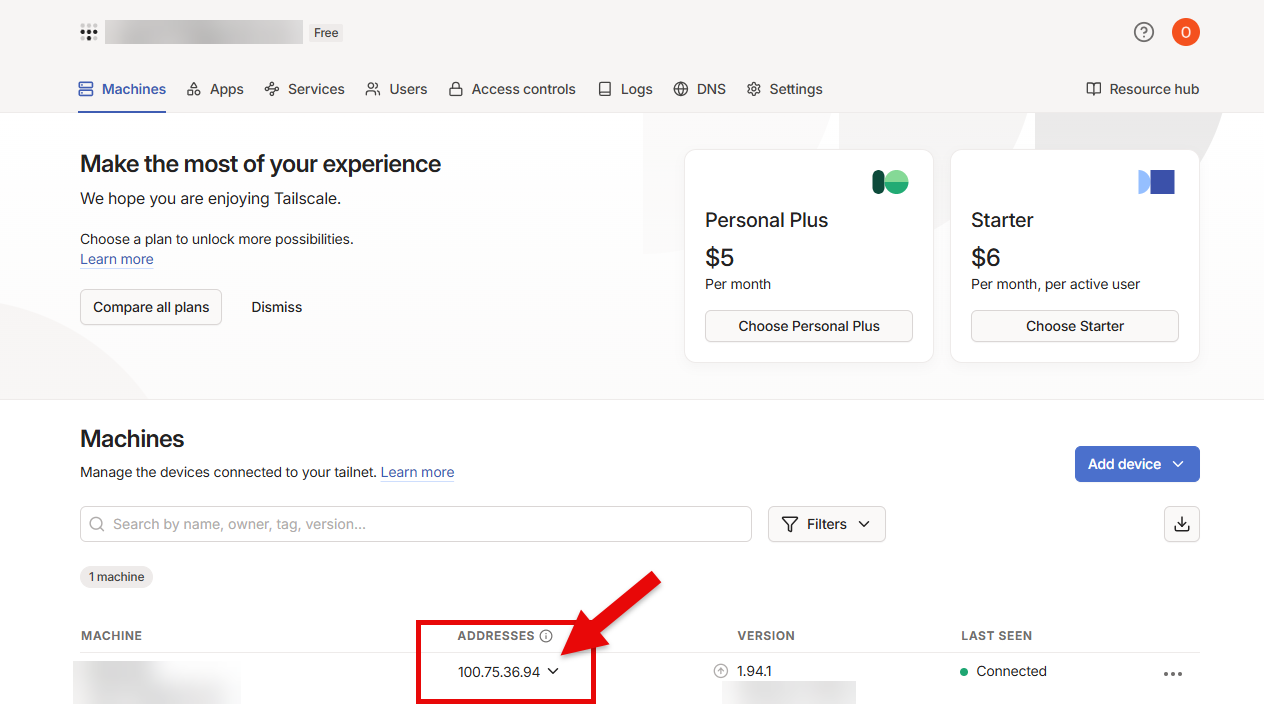 Tailscale admin console showing machines and their Tailscale IP addresses.
